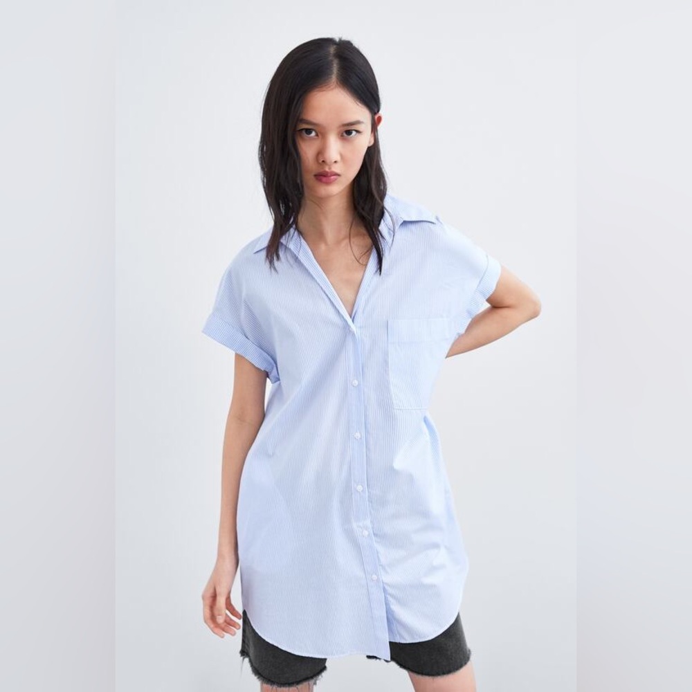 XL Zara blue and white striped collared dress with pockets